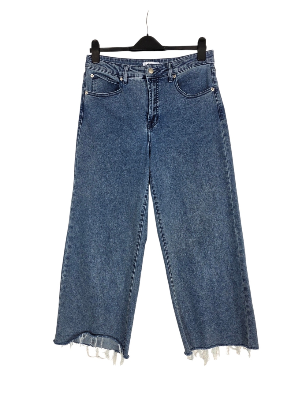 Oat New York Medium Blue High-rise Wide-Leg Cropped Frayed Hem Jeans